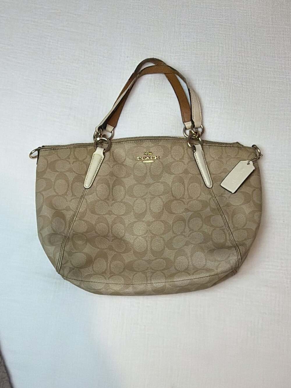 Coach Kelsey Signature Small Satchel F28989 Khaki White Leather Handbag